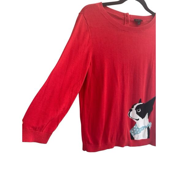 Talbots Sweater Womens Medium Red Dog Graphic Boston Terrier 3/4 Sleeve #6033 - Picture 2 of 12